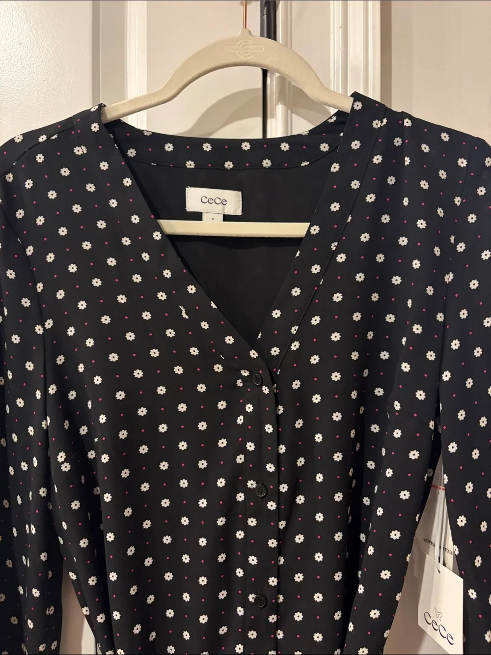 CeCe Black and White Polka Dot Long Sleeve Tie-Waist Dress